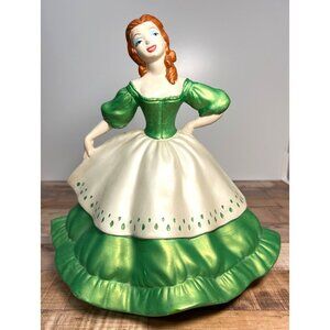 Vintage 1960 Hand-Painted Ceramic Southern Belle Figurine In Green & White Dress